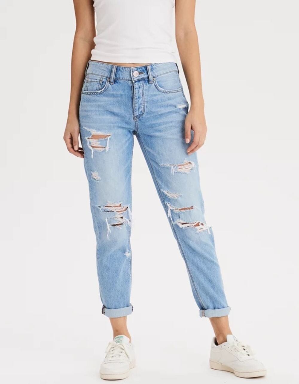 American Eagle Medium Wash Ripped and Distressed High Rise Tomgirl Jeans Sz 12